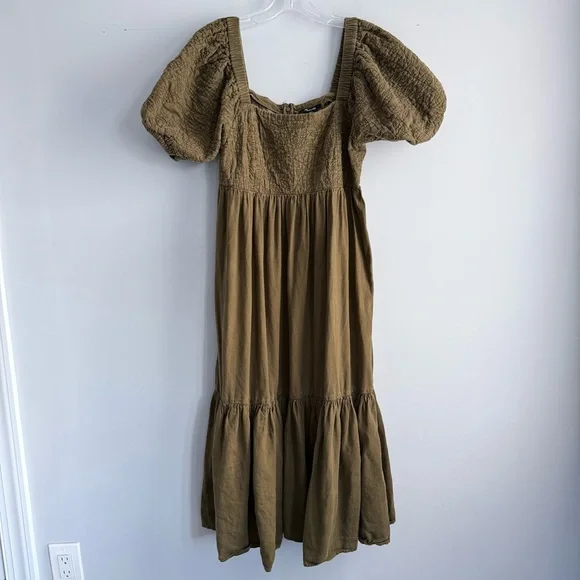 Madewell Tiered Midi Dress Quilted Hemp Blend Olive Green NH112 Size 10 Boho - Picture 6 of 15